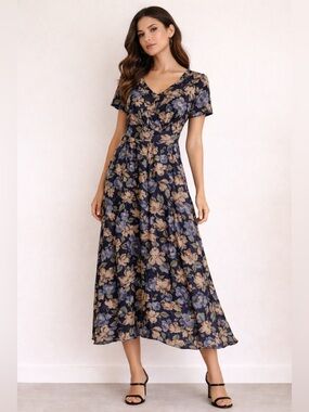 Vintage 90s Empire Waist Floral Midi Dress Cottagecore Coquette Sz 10